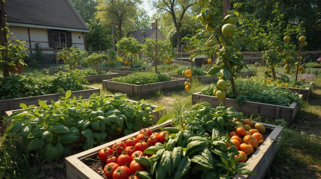 a realistic kitchen garden with raised beds of vegetables, herbs, and fruit trees, beside a small normal house. natural lighting, photorealistic.