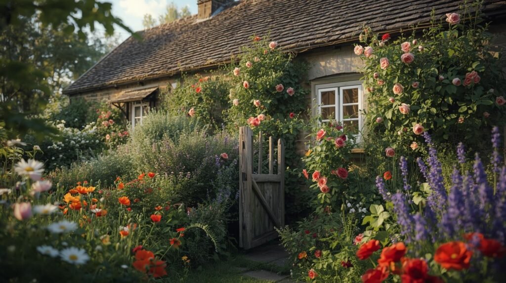 a realistic photograph of a cozy english cottage garden with colorful flowers, climbing roses, and a small wooden gate, beside a modest cottage style house. natural lighting, photorealistic.