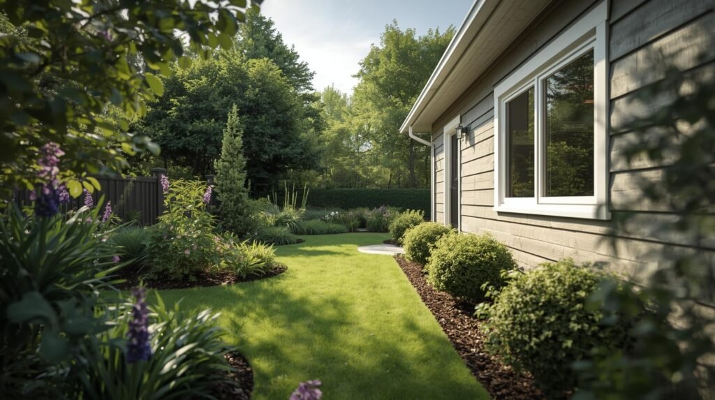 a realistic photograph of a small home garden in [style]. the garden is beside a modest, normal sized house (not a mansion). wide angle view, natural lighting, photo realistic, high detail.