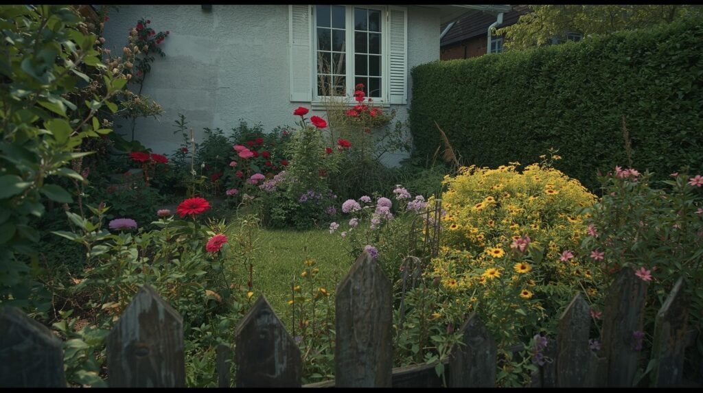 a realistic photograph of a small home garden in [style]. the garden is beside a modest, normal sized house (not a mansion). wide angle view, natural lighting, photo realistic, high detail. 2