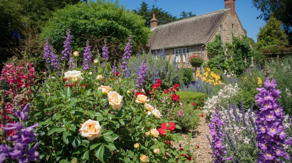 a english cottage garden with lots of complimentary flowers wide angled photo with no people on a sunny day 2