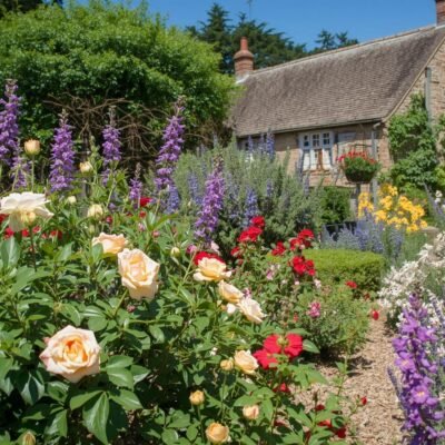 a english cottage garden with lots of complimentary flowers wide angled photo with no people on a sunny day 2
