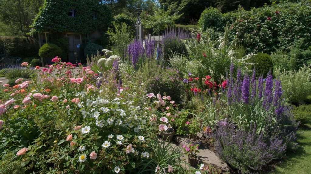 a english cottage garden with lots of complimentary flowers wide angled photo with no people on a sunny day 3