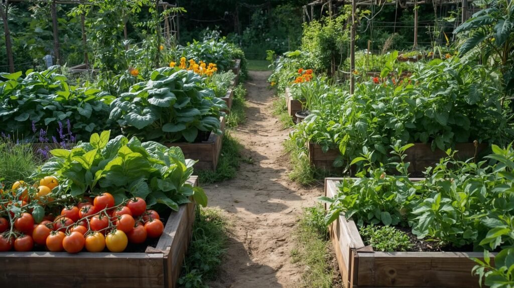a kitchen garden full of vegetables and companion plants in wooden raised beds with soft paths between them all