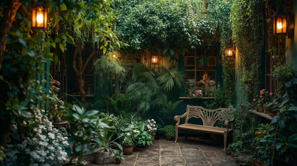 a lush green courtyard with a nice place to sit and lanterns