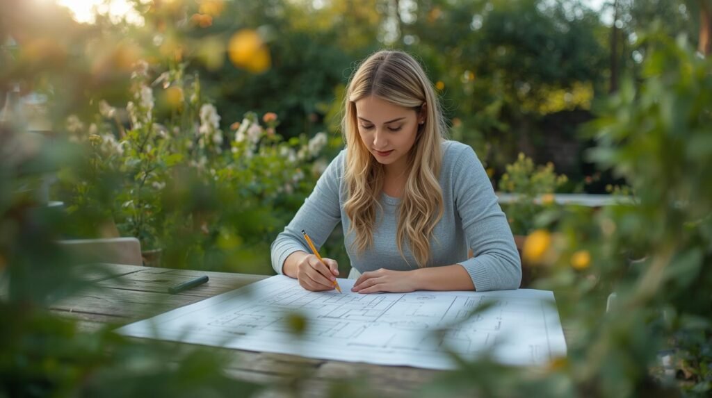 a photograph of a garden designer drawing a plan