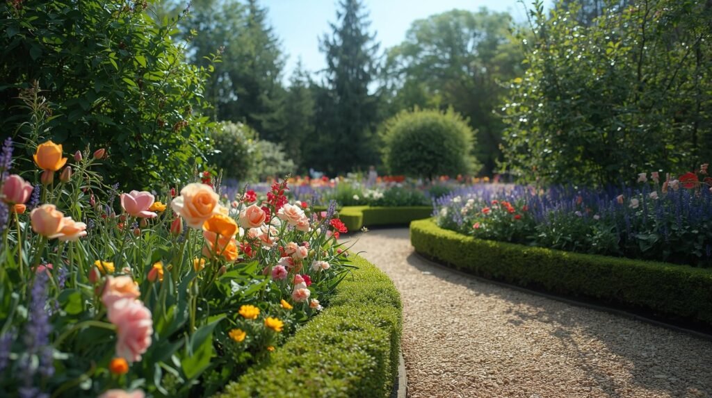 a photograph of a garden with a few beautiful flower borders