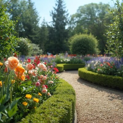 a photograph of a garden with a few beautiful flower borders