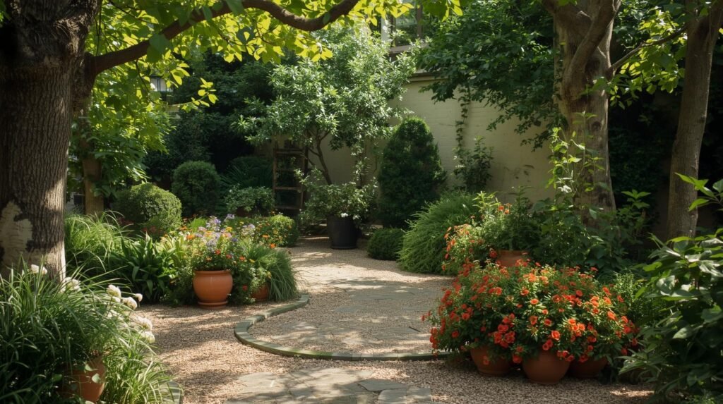 a small french style garden with paths and planted pots but no hedges