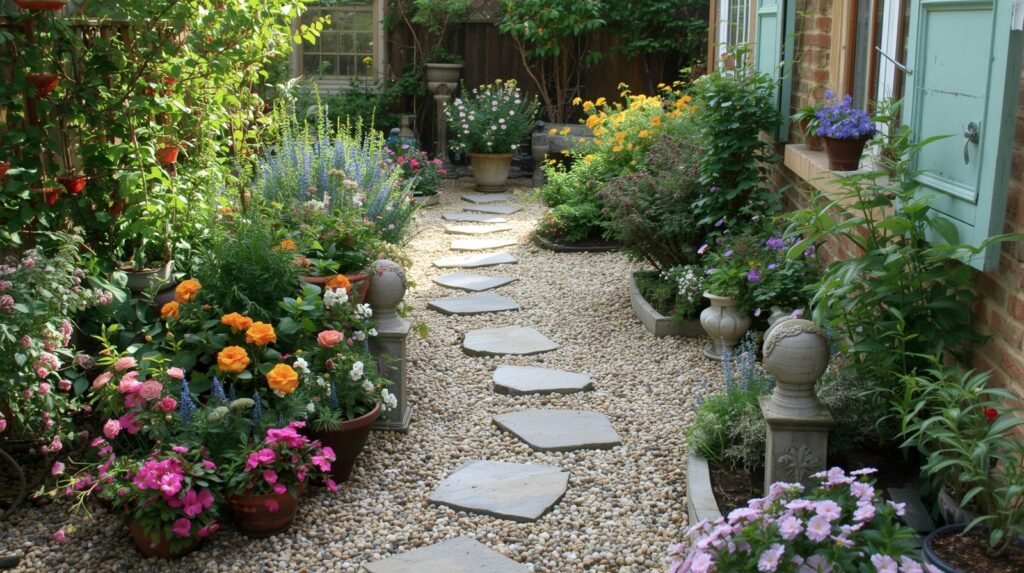 a small french style garden with paths and planted pots but no hedges 2