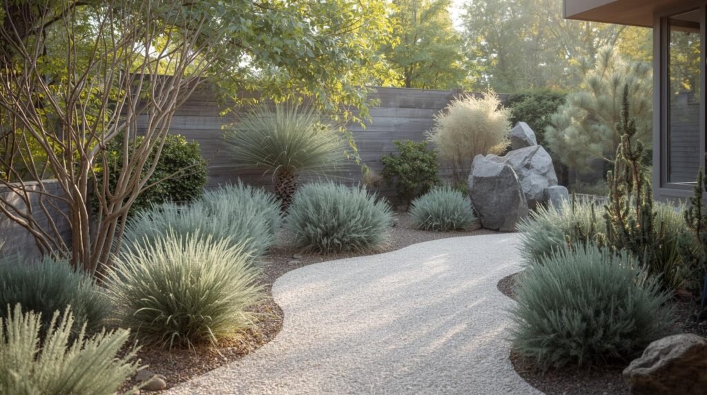 a uk garden with arid loving structural evergreen plants and gravel paths and a setting area 2