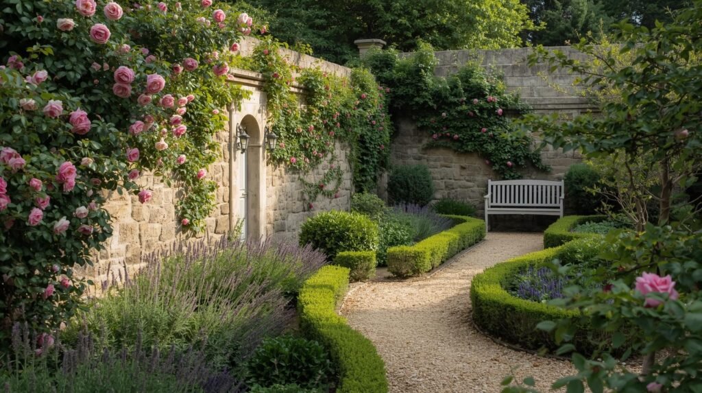 a walled rose garden with lavender things growing up the walls and low growing flowers and foliage with paths and a seating area 3