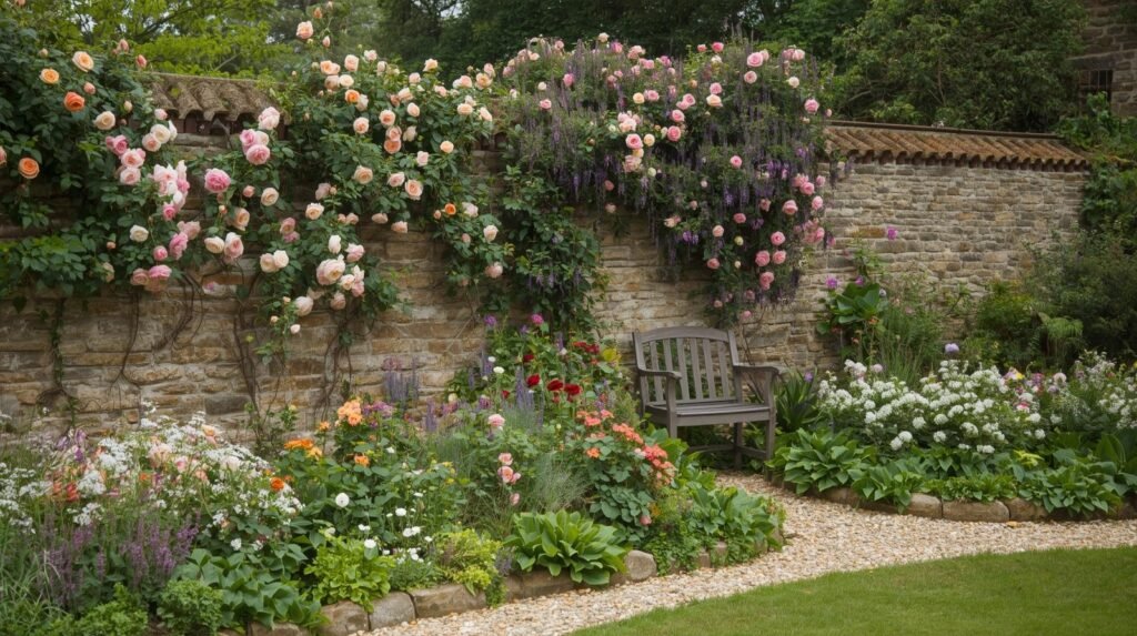 a walled rose garden with lavender things growing up the walls and low growing flowers and foliage with paths and a seating area 4