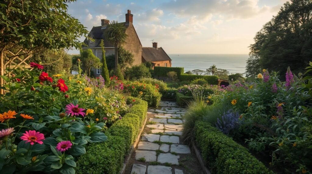 an english seaside garden very beautiful wide shot