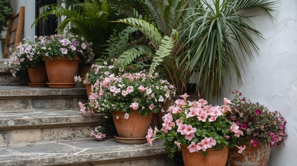 terricotta pots filed with complimentary flowers and folliage on steps with lots of pinks and whites