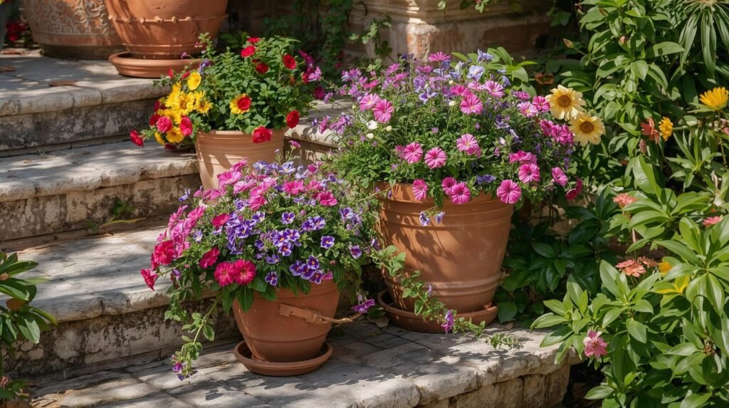 terricotta pots on steps full of flowers and foliage