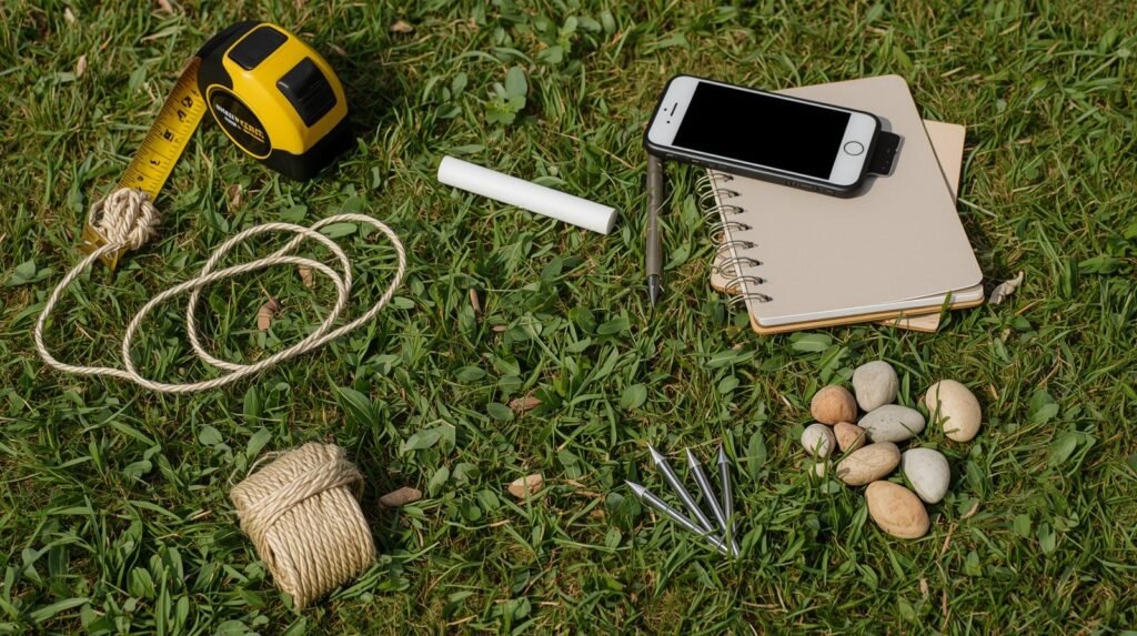 create a realistic photo of this selection of tools laid out on a lawn in a garden • a tape measure garden string , chalk, pegs, small stones for marking, a notebook, a cell phone