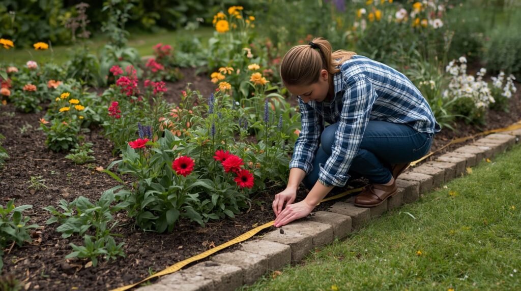 create a realistic photograph of a lady measuring a garden border 2