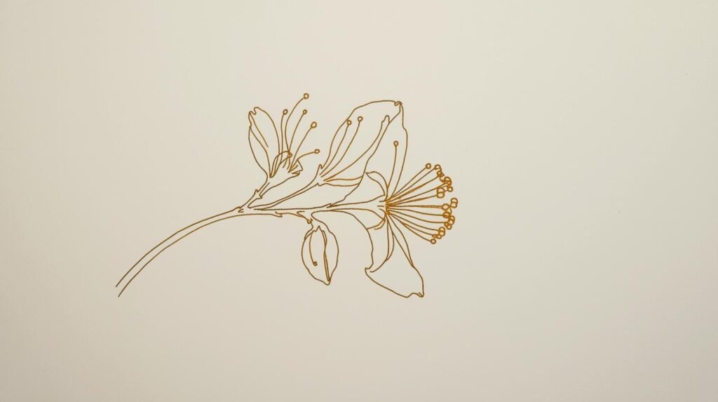 create me an image of a gold line drawing of a witch hazel flower on an angle from left to the right 4