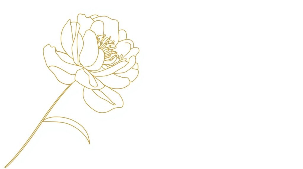 create me an image of a golden peony flower line drawing on an angle from left to the right