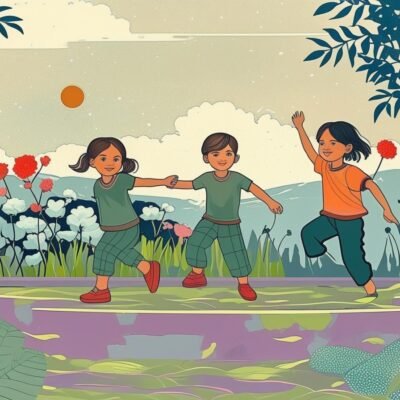 keep the same style and colours but show a garden with children playing