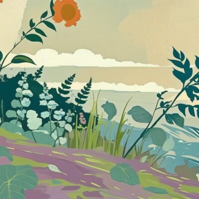create me a picture in the same style and colours but of a windy garden