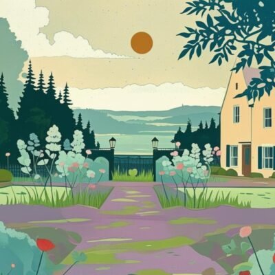 create me a picture in the same style and colours of a typical garden with a house either side