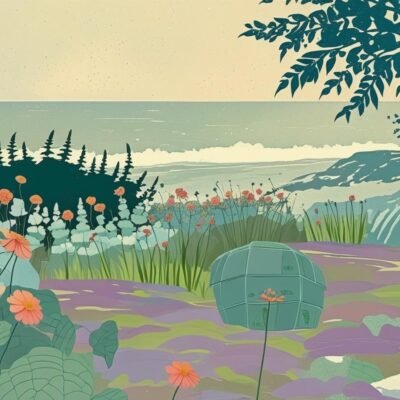 create me a picture in this same style and colour of a coastal garden
