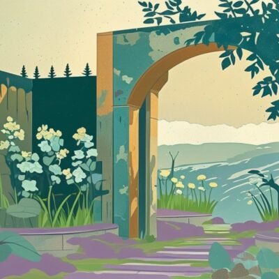 create me a picture in this same style and colours of a sheltered garden