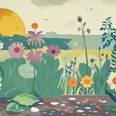 keep the same style and colours and draw me an image of a garden with a big sun