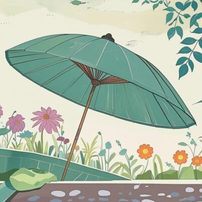 keep the same style and colours and draw me an image of a parasol over garden
